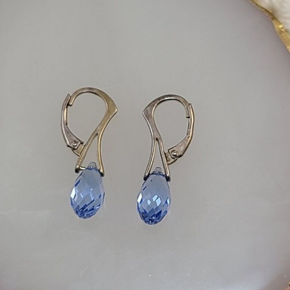 925 Sterling Silver Blue Faceted Crystal Teardrop Dangle Drop Earrings